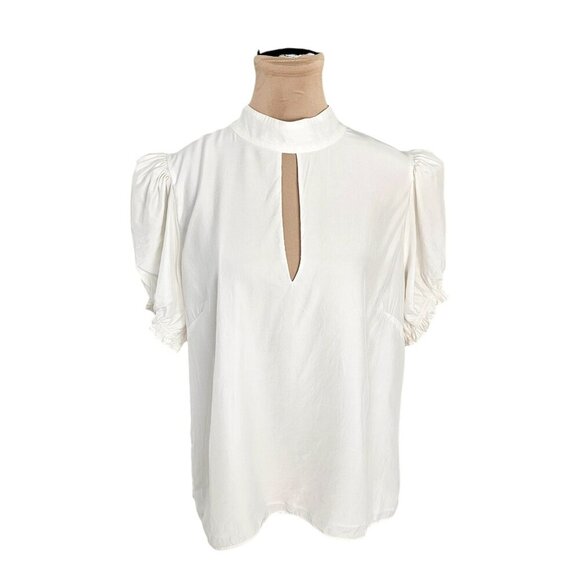 FRAME Silk Puff Sleeve High Collared Blouse w/ Keyhole Sz L - Picture 2 of 8